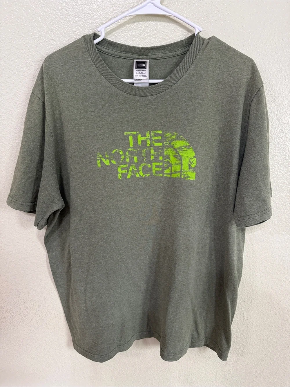 The North Face Olive Green Short Sleeve Tee with Neon Green Logo